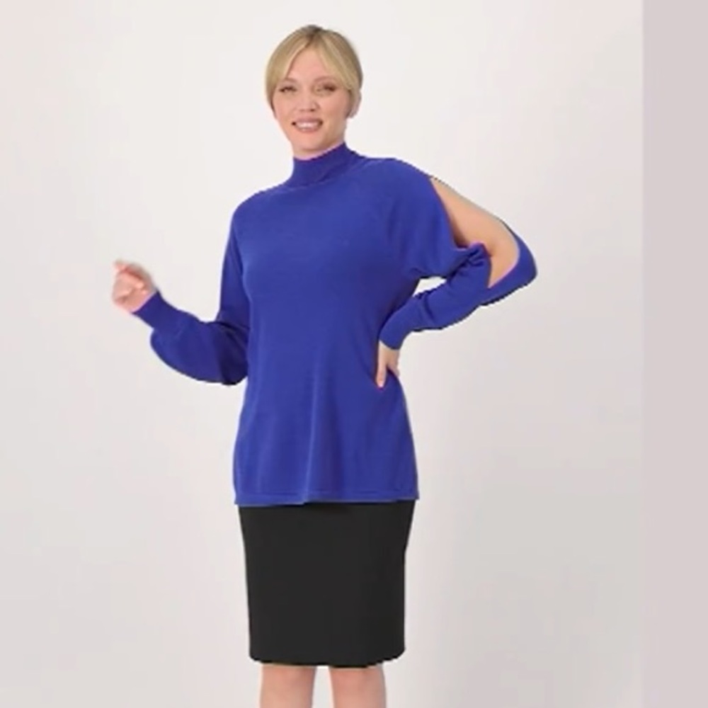 EUC Isaac Mizrahi Live! Split Sleeve Pullover Mock Neck Sweater Blue Large